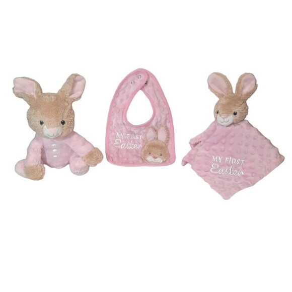 MTY International My First Easter Plush Bunny Minky Dot Rattle Bib Blanket Set - Picture 1 of 9